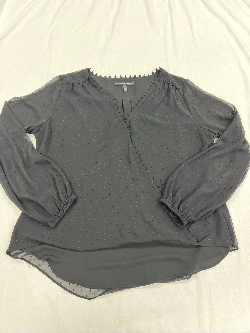 White House Black Market Black Swiss Dot Wrap Blouse Women’s L
